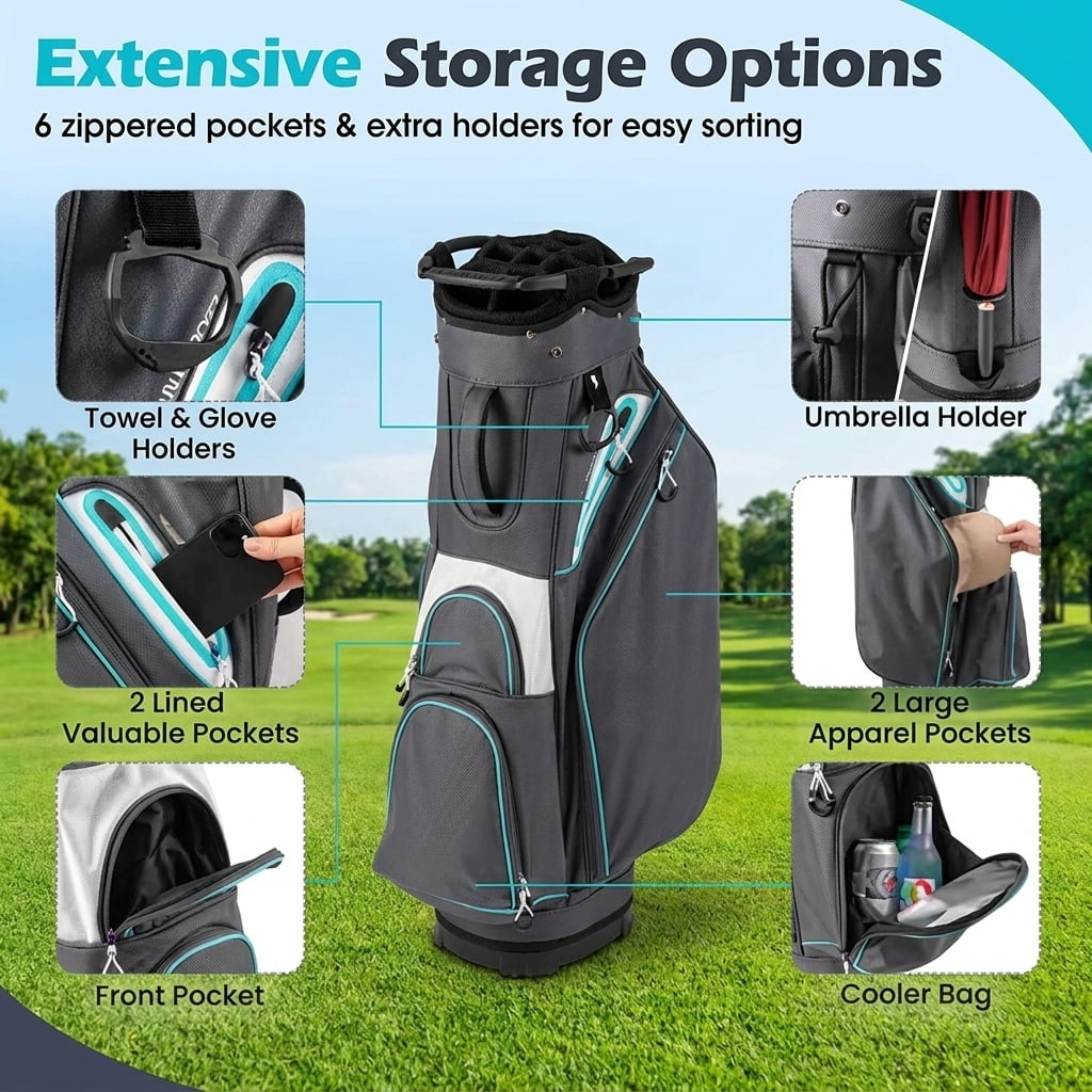 Airfind 10.5 in Golf Stand Bag with 14-Way Dividers and 7 Zippered Pockets featuring a rain hood with towel rings and dual carry straps for walking rounds, Gray