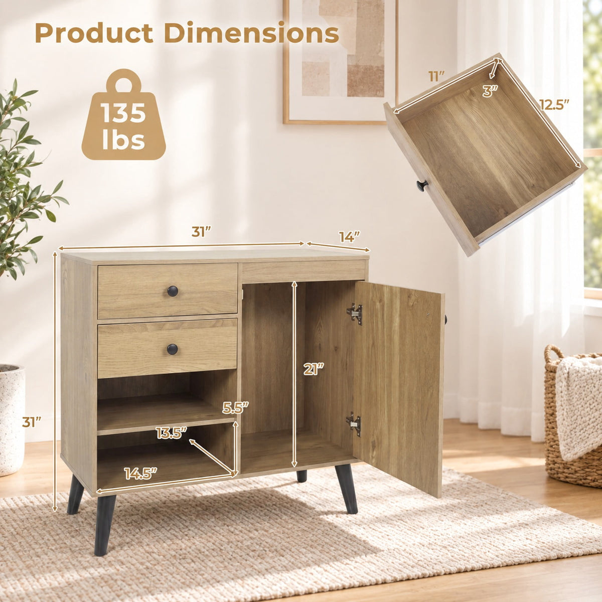 Airfind 31 Inch Sideboard Cabinet, with 2 Open Compartments and 2 Drawers, 135 lbs Capacity, Engineered Wood Frame, 31 Inch x 14 Inch x 31 Inch Footprint, Natural