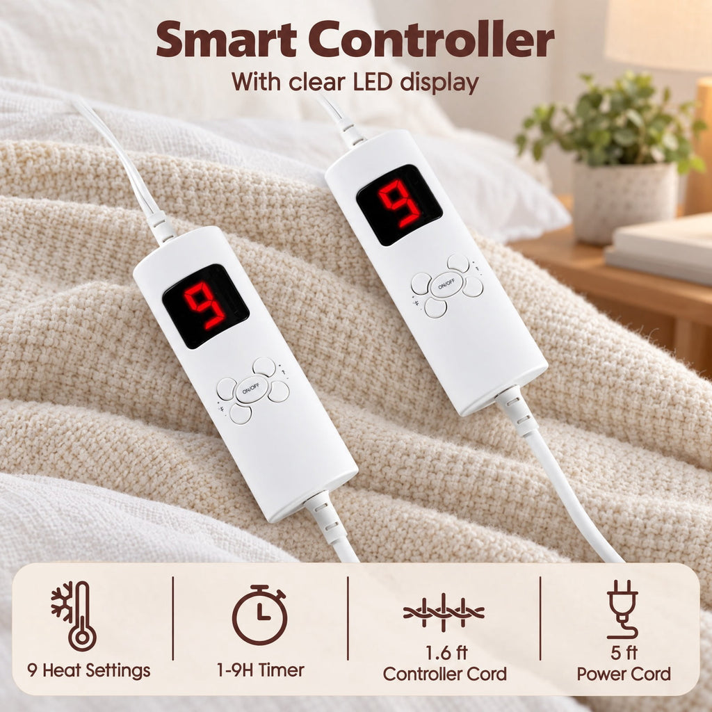 Airfind Machine Washable Electric Bed Warmer with Dual Controller 9 Heat Setting and 9-Hour Auto Off and Overheat Protection, Non-woven Fabric Frame