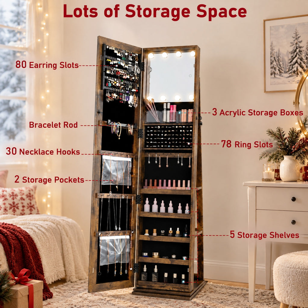 Airfind 360° Swivel Jewelry Cabinet with Full Length Mirror, MDF Frame, Brown, Open storage shelves for easy reach