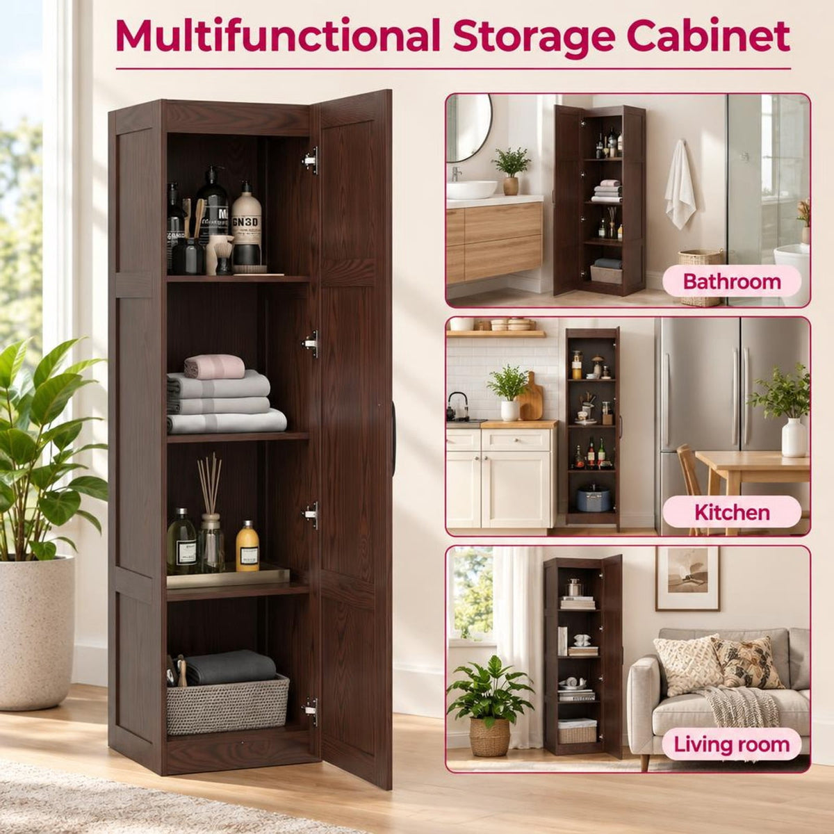 Airfind Tall Storage Cabinet with 4 Storage Shelves for Bathroom Living Room, 110 lbs Capacity, Engineered Wood MDF Frame, 16in x 15in x 59in Footprint