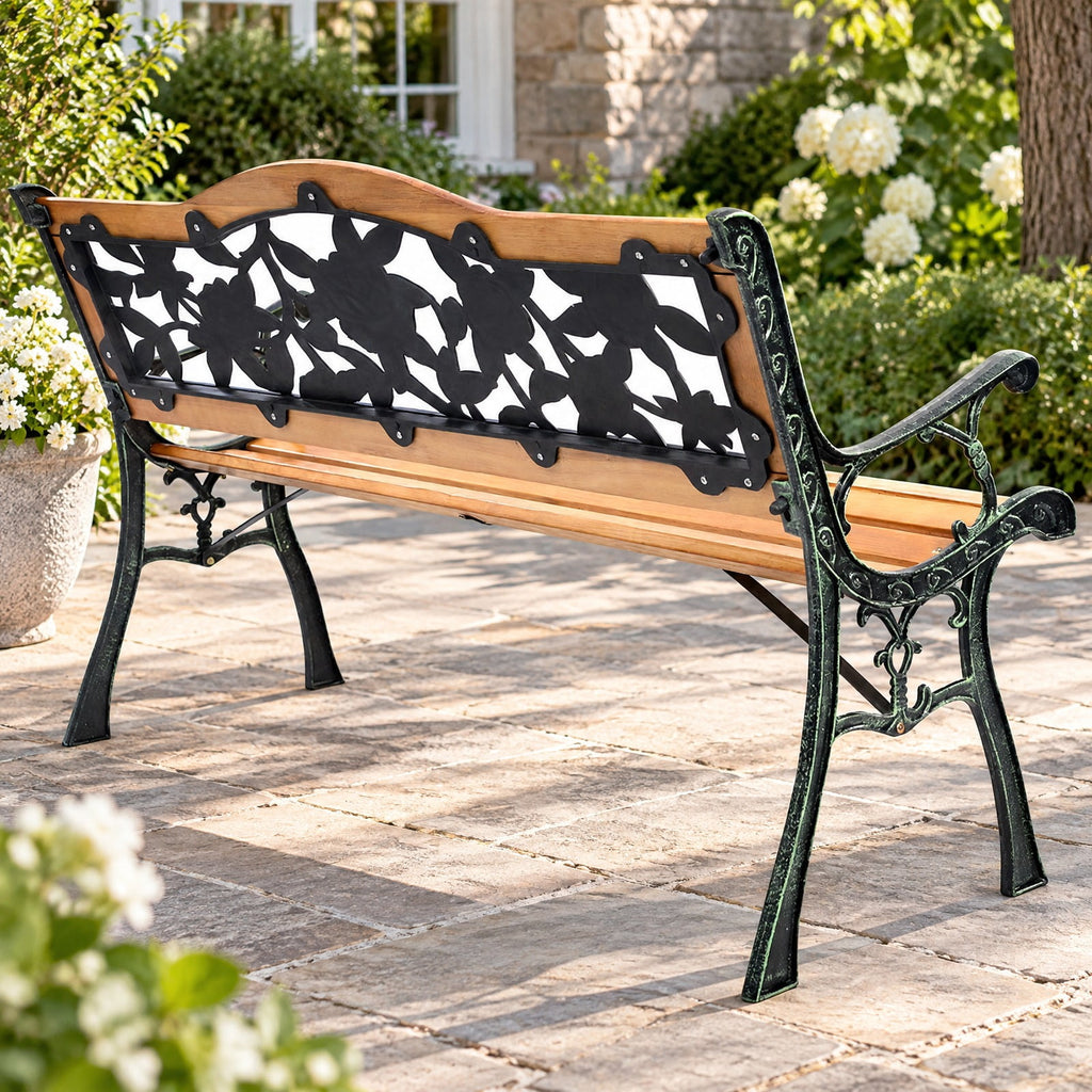 Airfind Garden Bench Chair Outdoor Wooden Loveseat with Iron Armrest, 463 lbs Capacity, Cast Iron Frame, Black + Natural