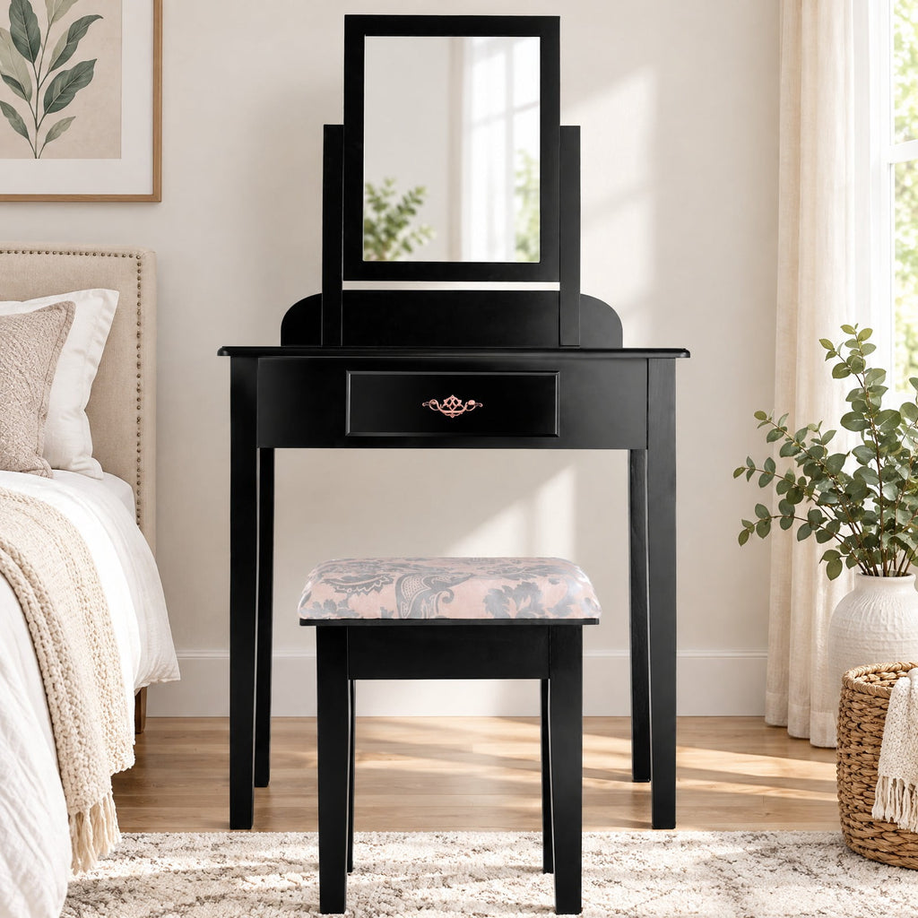 Airfind Vanity Dressing Table Stool Set with Large Makeup Mirror, 286 lbs Capacity, Wood Frame, 29.5 Inch x 16.0 Inch x 53.5 Inch (L x W x H) The Footprint