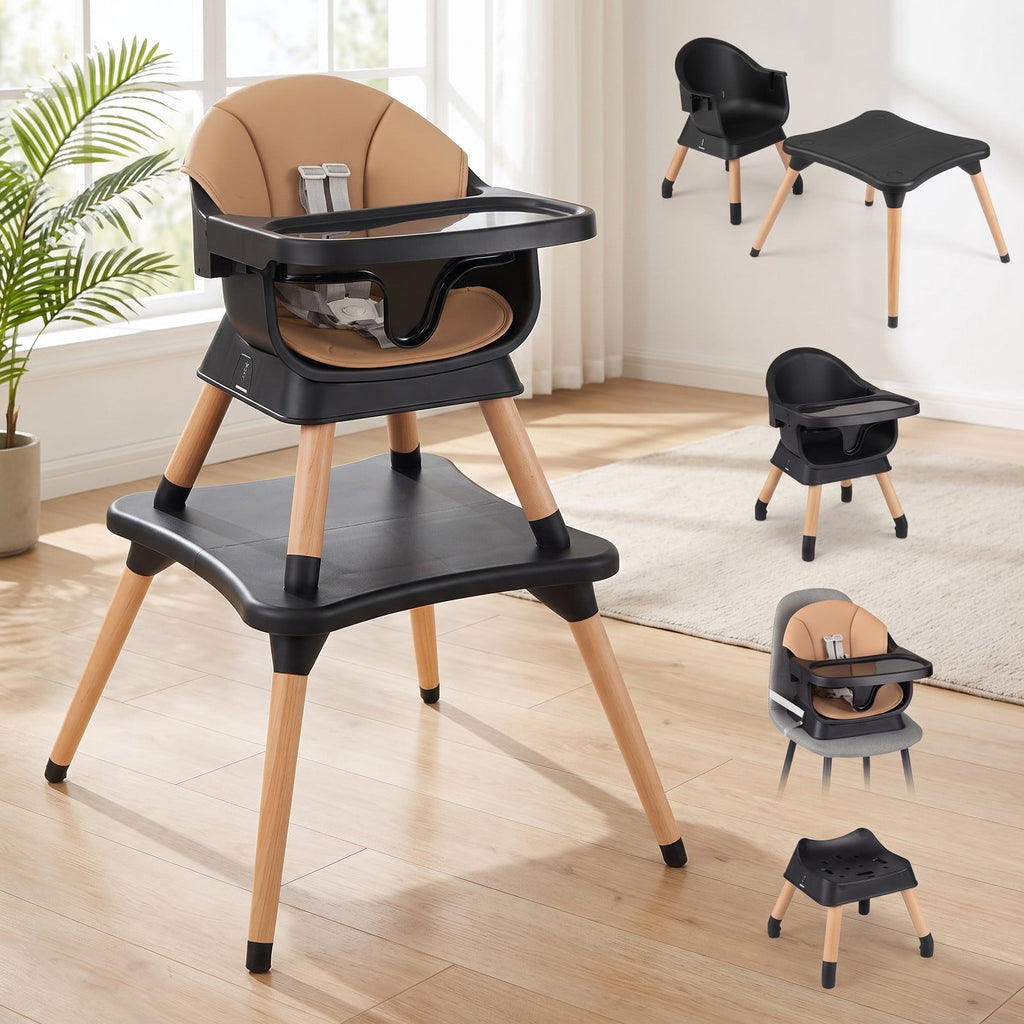 Airfind 9-in-1 Convertible High Chair with Solid Wood Legs for Babies and Toddlers, 33 lbs Capacity, PP Frame, for 6 months to 3 years old, Coffee