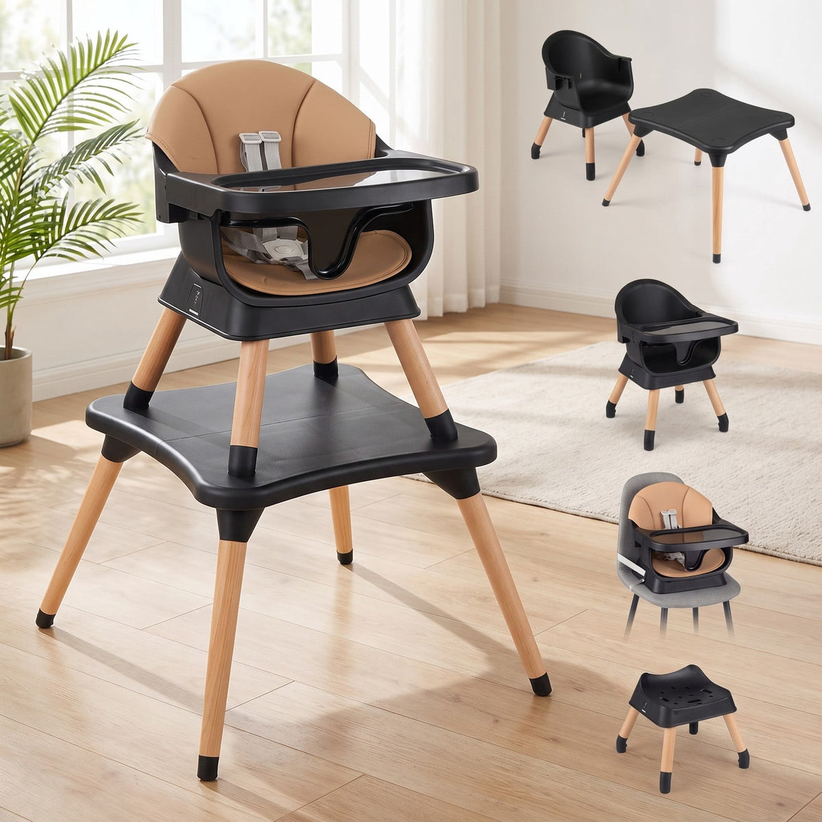 Airfind 9-in-1 Convertible High Chair with Solid Wood Legs for Babies and Toddlers, 33 lbs Capacity, PP Frame, for 6 months to 3 years old, Coffee
