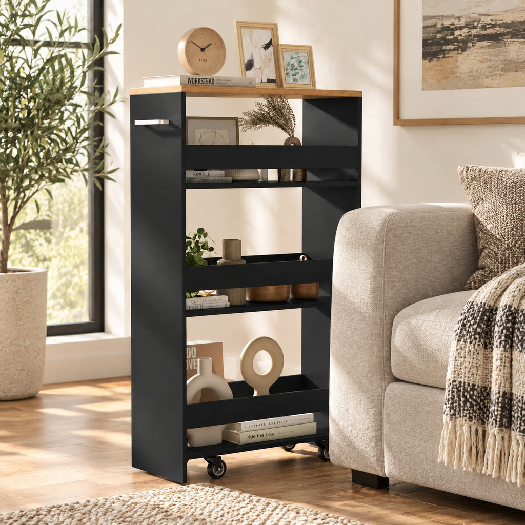Airfind 4-Tier Rolling Storage Cart Slim Kitchen Cart on Wheels with Open Shelves and Handle, 15 lbs Capacity, Engineered Wood Metal Frame, Black