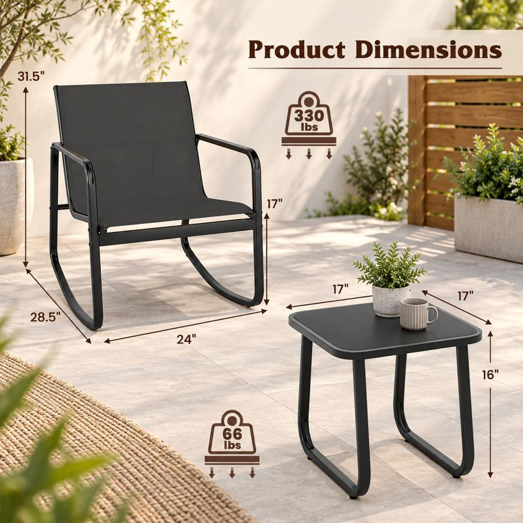 Airfind 2 Rocking Bistro Chairs and Glass-Top Table for Porch Yard Balcony, 330 lbs Capacity, Metal Fabric Tempered Glass Frame, Black