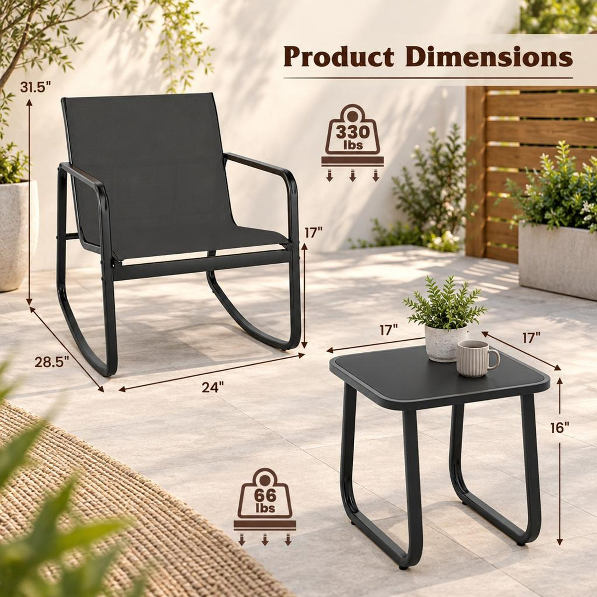 Airfind 2 Rocking Bistro Chairs and Glass-Top Table for Porch Yard Balcony, 330 lbs Capacity, Metal Fabric Tempered Glass Frame, Black