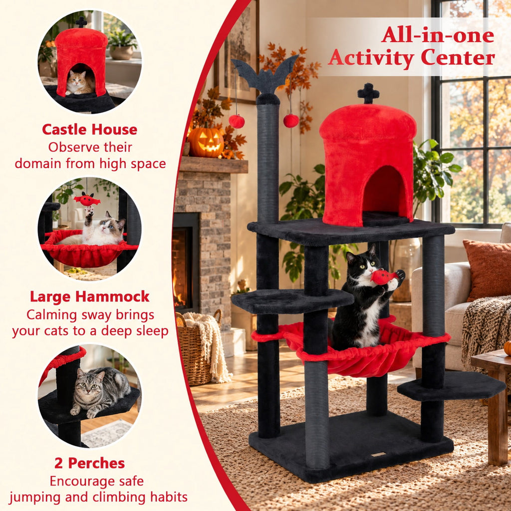 Airfind 51in Gothic Multi-level Cat Tree with Spider Hanging Toy for Black Halloween, 22 lbs Capacity, Red