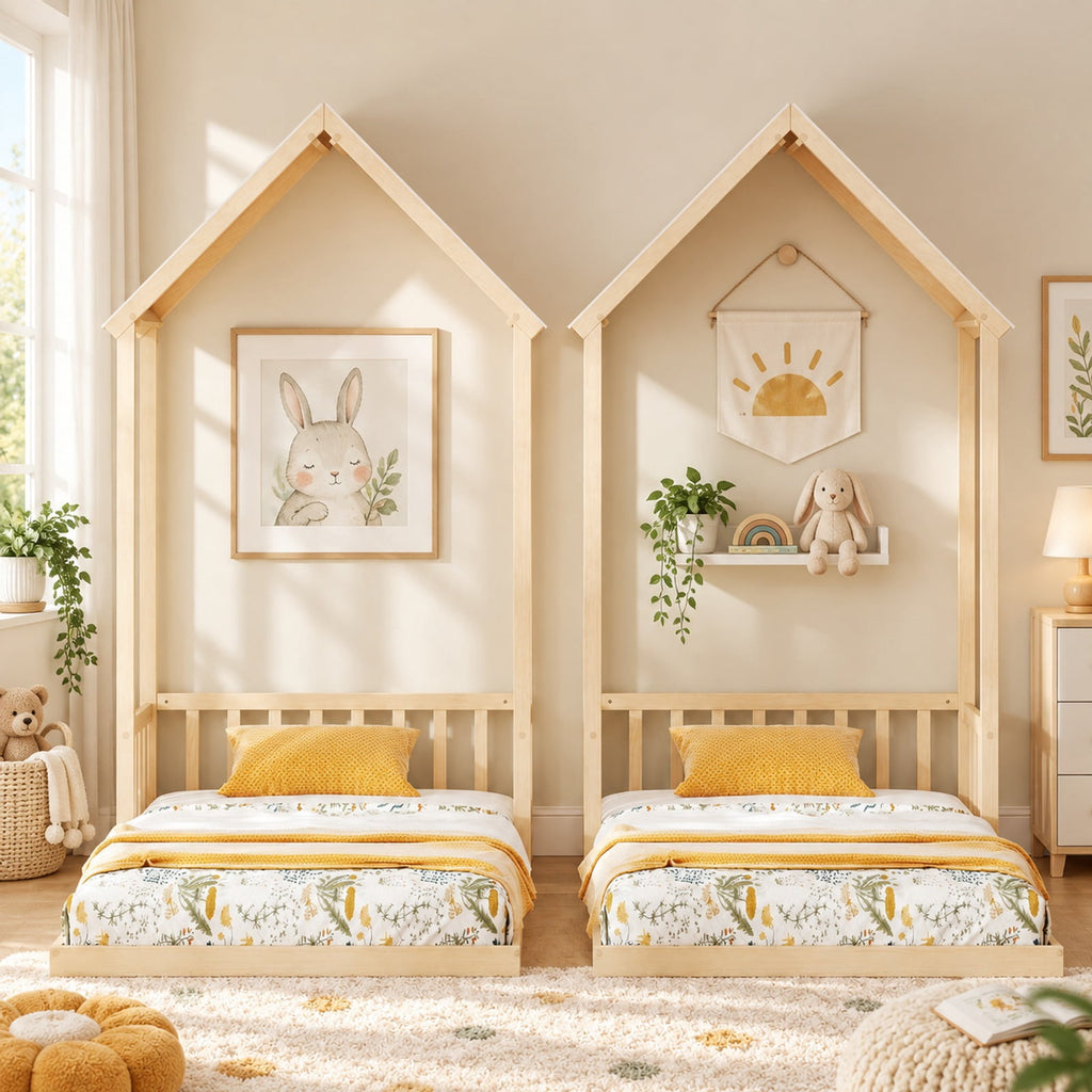 Airfind Twin Size House Bed with House Shape Roof and Semi-Fence, Pine Wood Engineered Wood Frame, 78 x 45.5 x 80.5 Footprint, Natural
