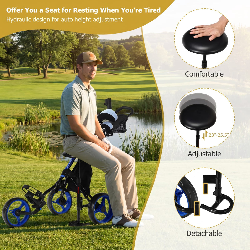 Airfind 3 Wheel Folding Golf Push Cart with Cushioned Seat and Scoreboard and Adjustable Handle and Quick Brake for the Course, Blue