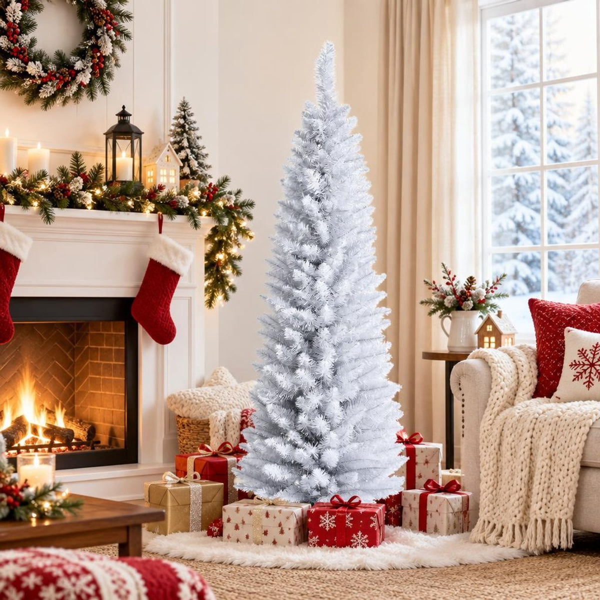 Airfind Slim Artificial Christmas Pencil Tree with PVC Needles and Folding Metal Stand-5ft, White, Branch tips create lush and dense appearance