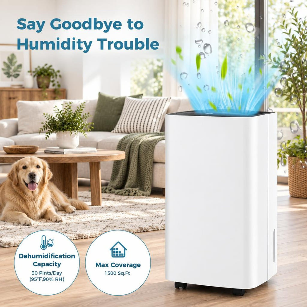 Airfind 30 Pints 1500 Sq. Ft Portable Dehumidifier for Medium to Large Spaces, 10 Inch x 8.5 Inch x 18.5 Inch Footprint, ABS Frame, White