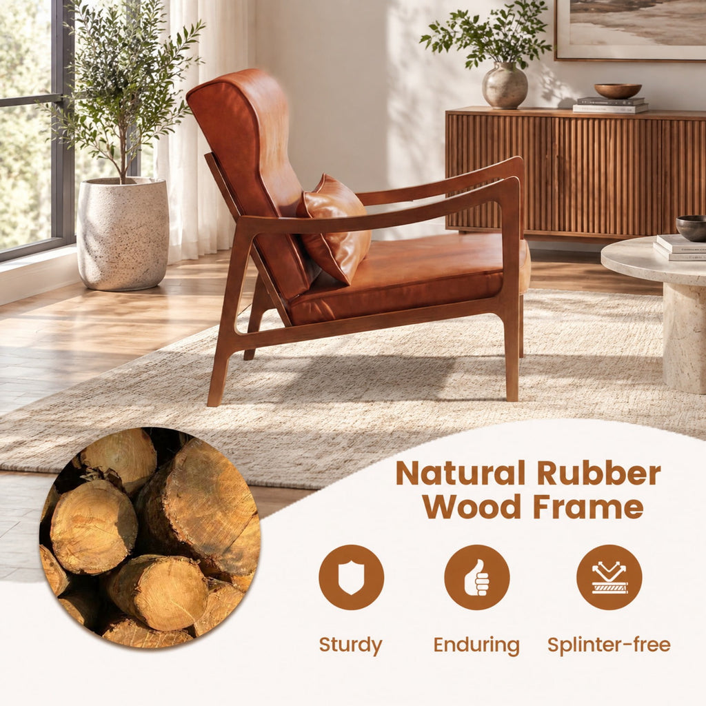 Airfind Modern Accent Chair with Solid Rubber Wood Faux Leather Upholstered Armchair, 400 lbs Capacity, 34.5 x 25.5 x 35 Footprint, Brown