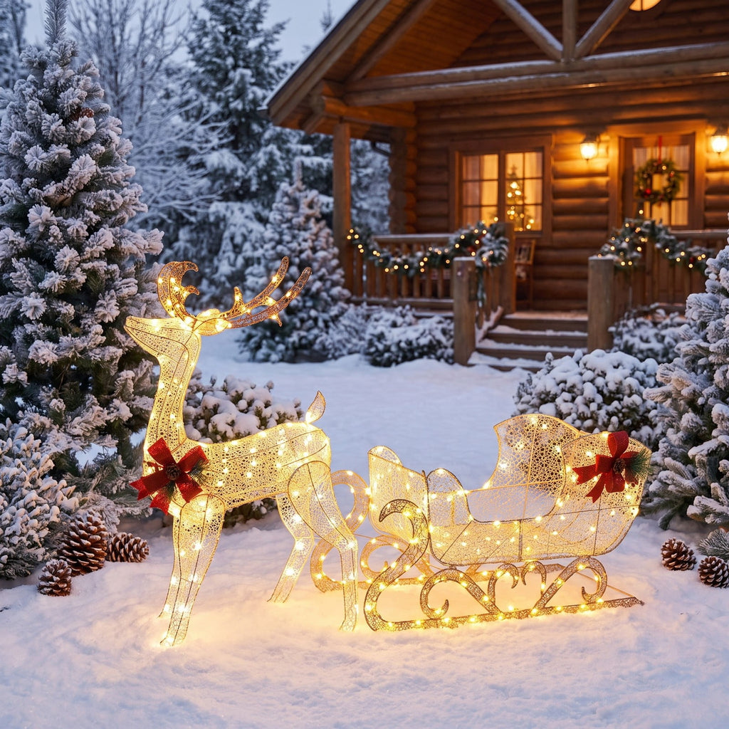 Airfind 6 Feet Christmas Lighted Reindeer and Santas Sleigh Decoration with 4 Stakes, Steel tinsel Frame, 19.5 x 72.5 x 48.5 Footprint