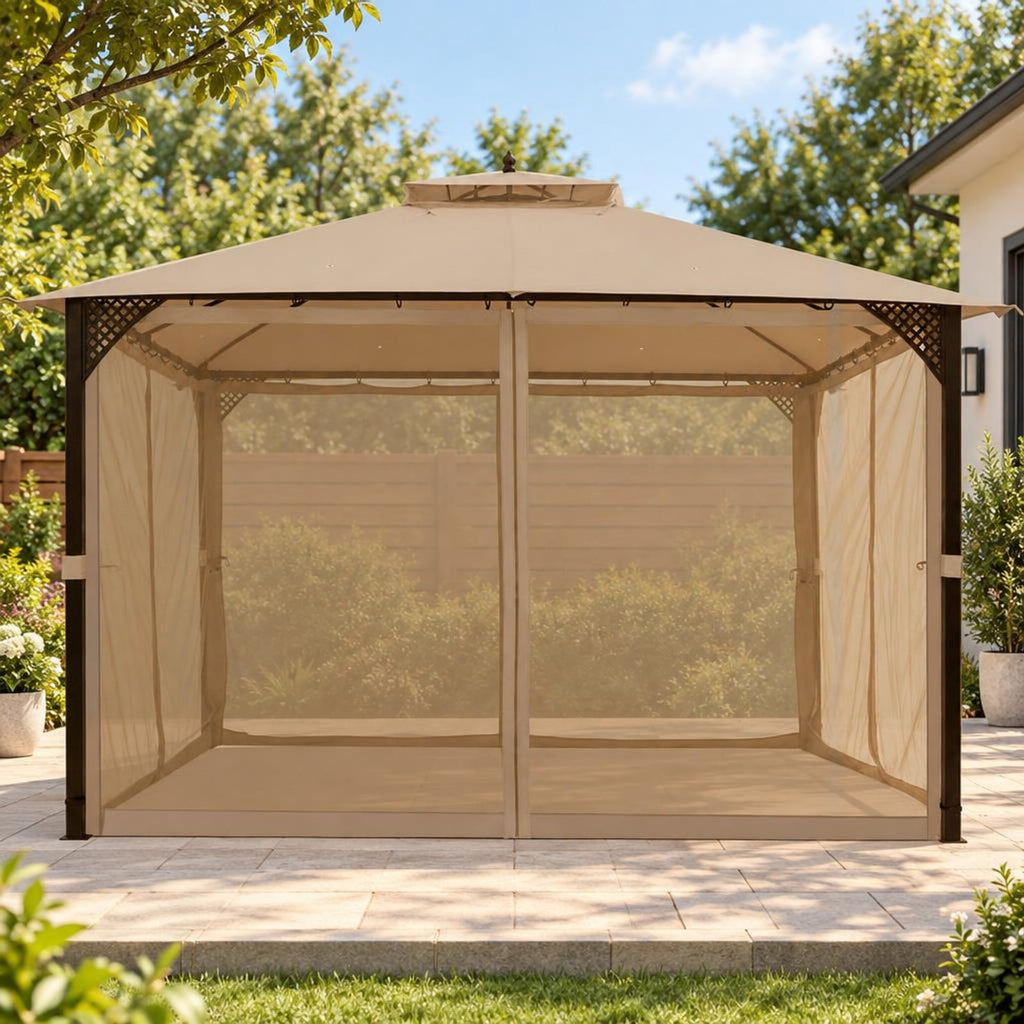 Airfind 12 x 10 Feet Outdoor Double Top Patio Gazebo with Netting, Polyester steel Frame, 12 x 10 x 9.5 Footprint, Brown