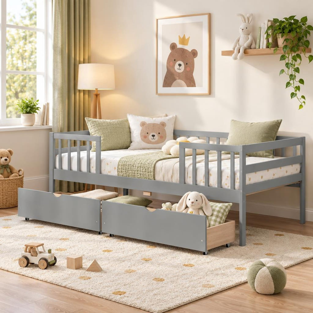 Airfind Twin Daybed with Fence and 2 Drawers Kids Bed for Boys Girls, 200 lbs Capacity, Pine Wood MDF Engineered Wood Plywood Frame, Gray