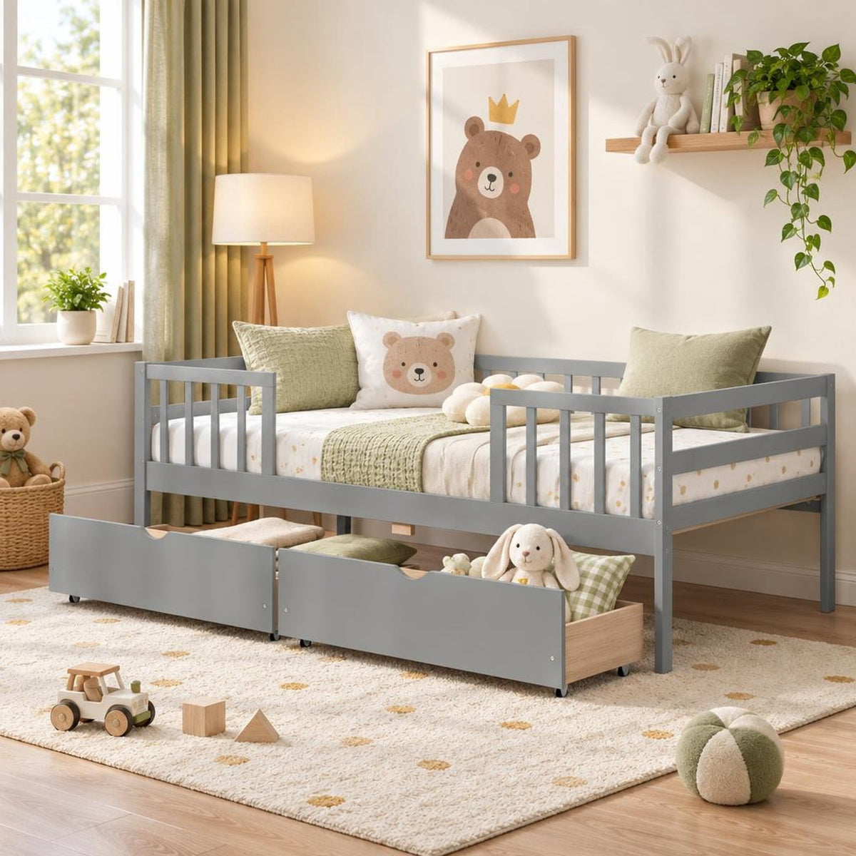 Airfind Twin Daybed with Fence and 2 Drawers Kids Bed for Boys Girls, 200 lbs Capacity, Pine Wood MDF Engineered Wood Plywood Frame, Gray