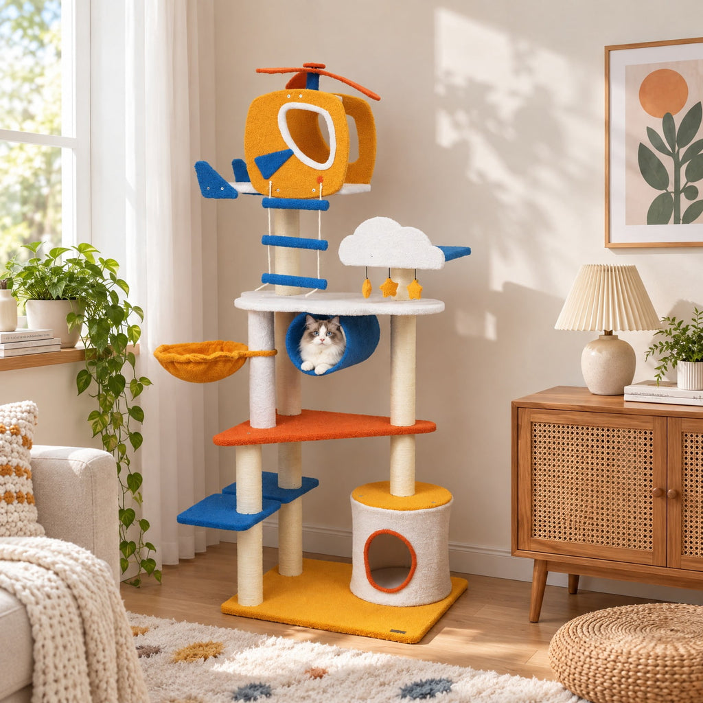 Airfind 70 Inch Tall Aviation-themed Cat Tree with Helicopter Top Perch and Platforms, 22 lbs Capacity, Engineered Wood Sisal Teddy Fleece Frame