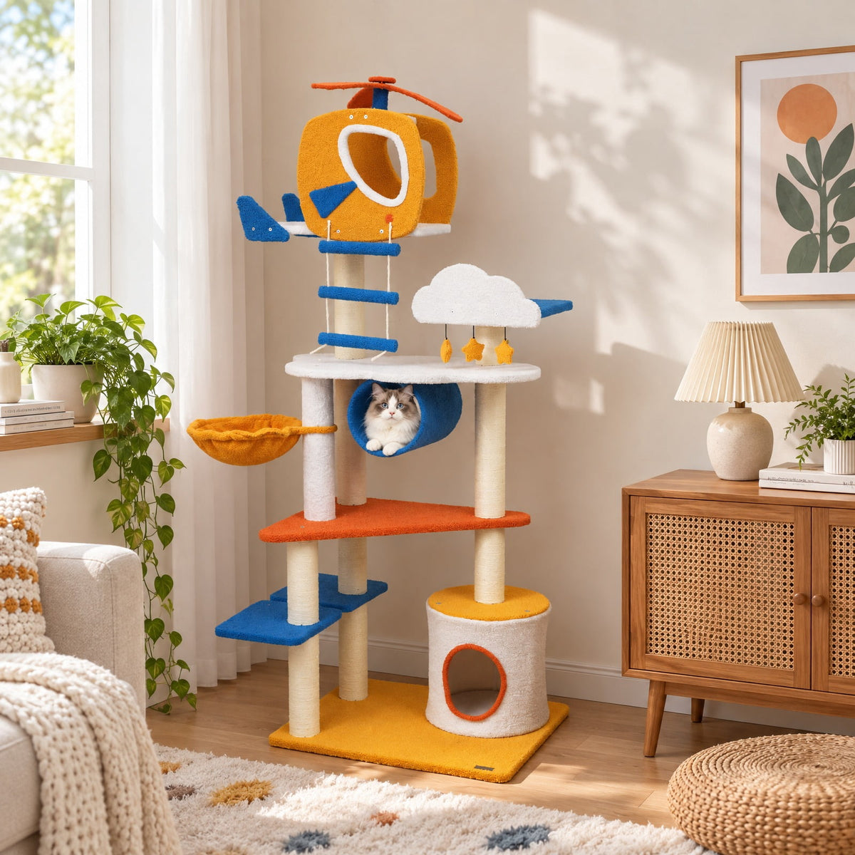 Airfind 70 Inch Tall Aviation-themed Cat Tree with Helicopter Top Perch and Platforms, 22 lbs Capacity, Engineered Wood Sisal Teddy Fleece Frame