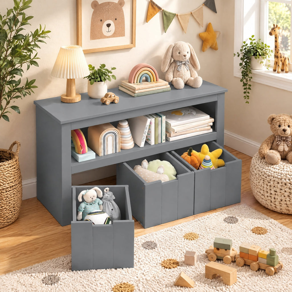 Airfind Kid Toy Storage Cabinet Drawer Chest with Wheels and Large Storage Cube Shelf, 110 lbs Capacity, MDF Frame, Gray