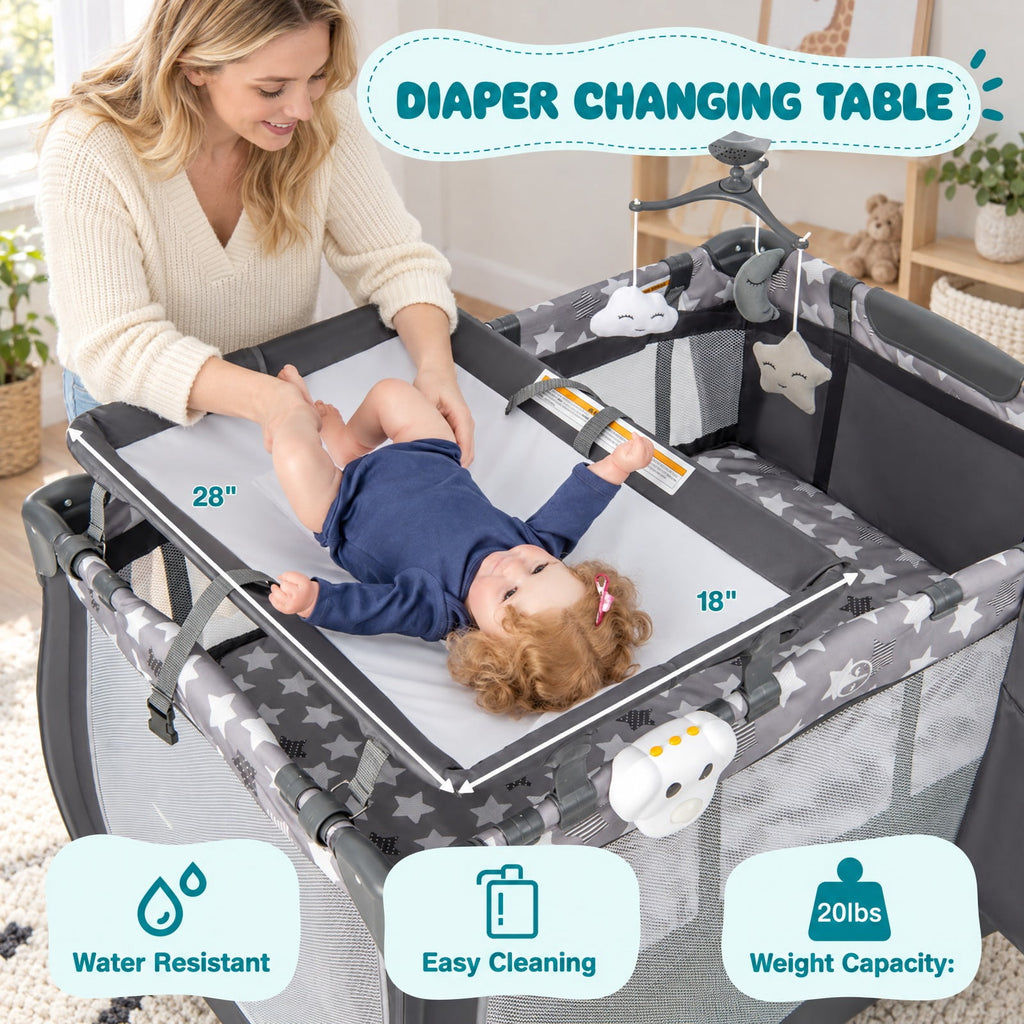 Airfind Portable Baby Playard with Changing Table Bassinet and Music Box, Oxford Cloth Sponge Iron PP Basic Baby Playard Frame, for 0-3 years old