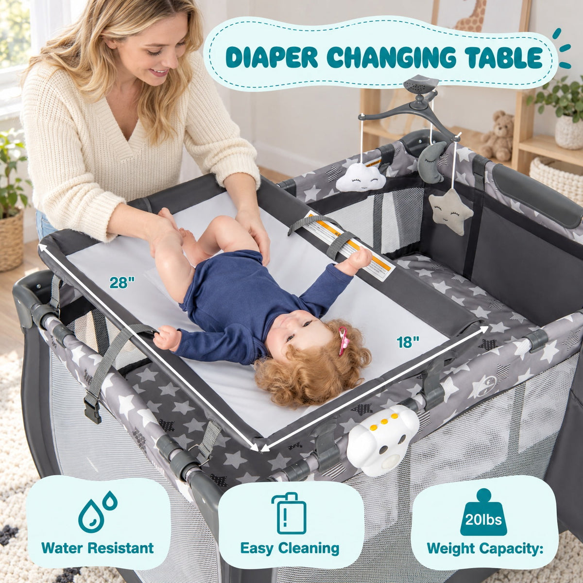 Airfind Portable Baby Playard with Changing Table Bassinet and Music Box, Oxford Cloth Sponge Iron PP Basic Baby Playard Frame, for 0-3 years old