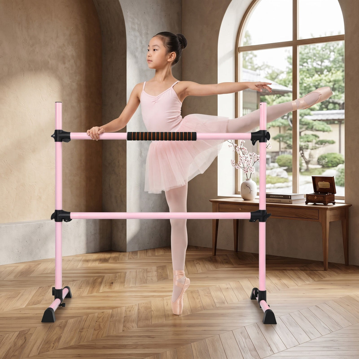 Airfind 4 Feet Portable Ballet Barre Freestanding Double Dance Barre with Adjustable Height for Home Studio and School, Pink