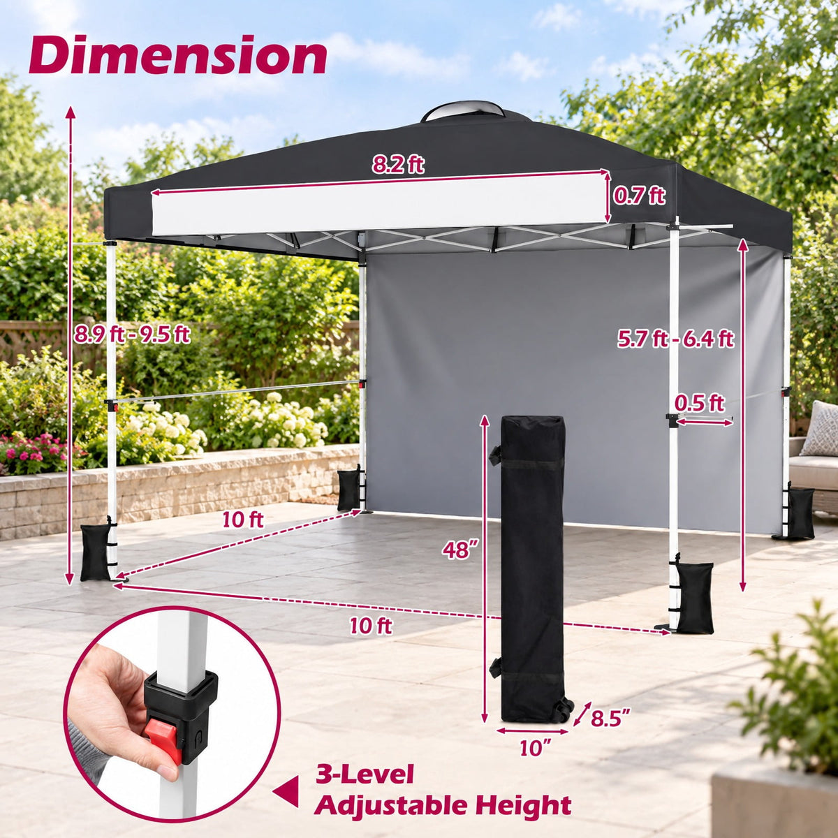 Airfind 10 x 10 Feet Foldable Commercial Pop-up Canopy with Roller Bag and Banner Strip, 10 x 10 x 8.9-9.5 ftCarrying bag Footprint, Black