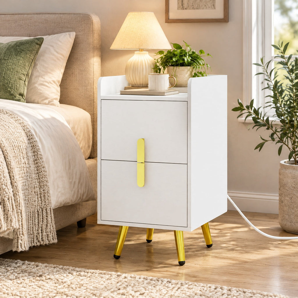 Airfind Nightstand Side Tables with 2 Drawers and Charging Station with 3 AC Outlets and 2 USB Ports, Engineered Wood MDF Metal Frame, 16 Inch x 12.5 Inch 23.5 Inch Drawer Internal Footprint, White