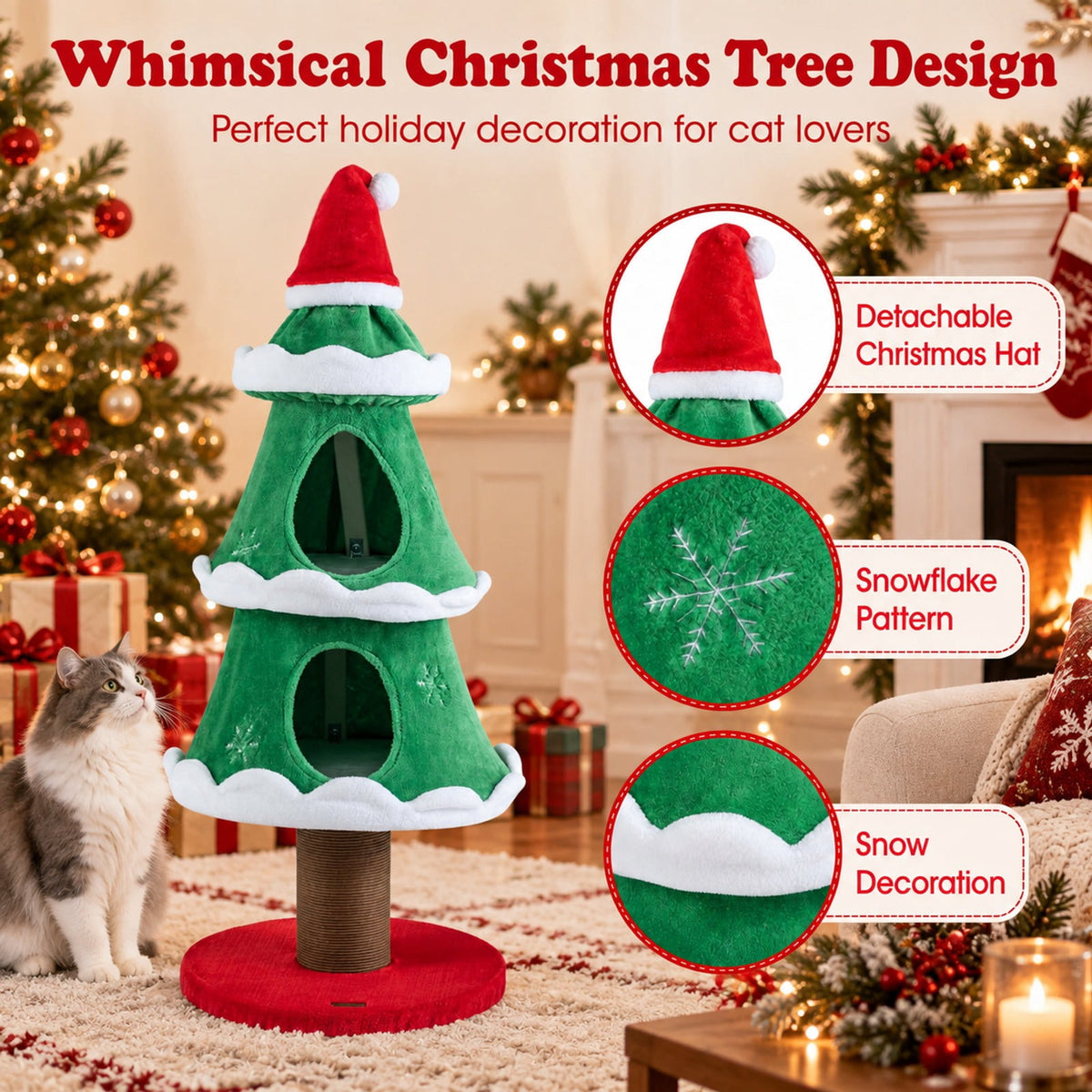 Airfind 51 Christmas Cat Tree with 2 Cozy Condos and Scratching Post for Pets, 19.5 x 19.5 x 51Height of Scratching Post 11Weight Footprint
