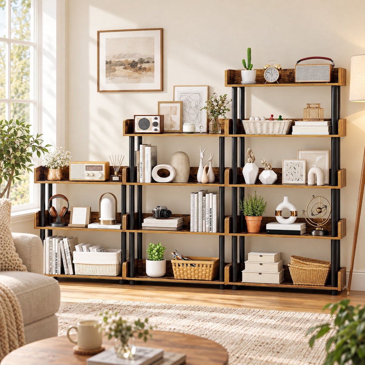 Airfind 4-Tier Bookshelf Open Bookcase with Anti-Tipping Kit Industrial Storage Unit, 33 lbs Capacity, Engineered Wood PE PP Frame, Brown