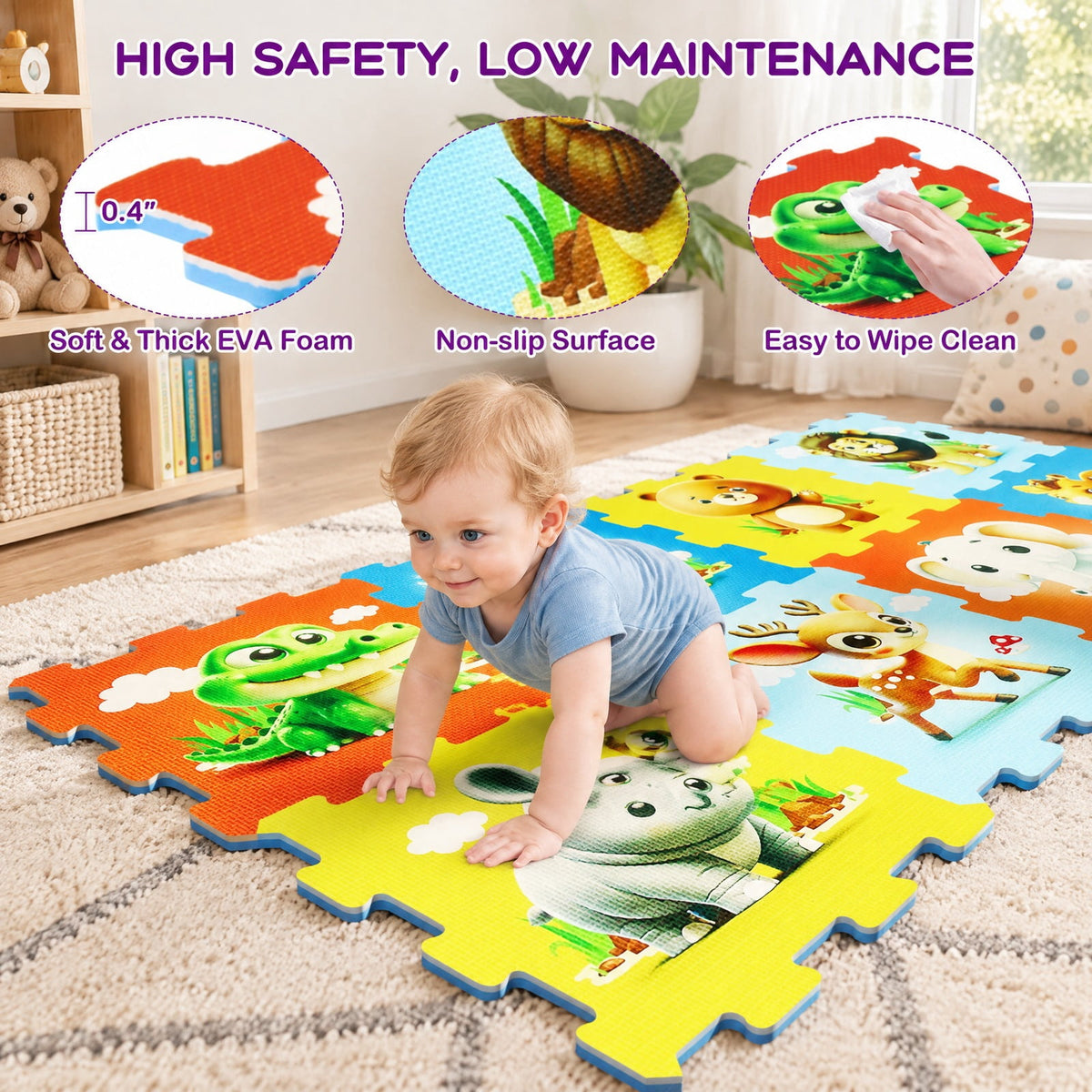 Airfind EVA Foam Baby Play Mat with 8 Interlocking Animal Shapes, Non-Slip Stackable Activity Floor Tiles for 10 Months and Up, Colorful