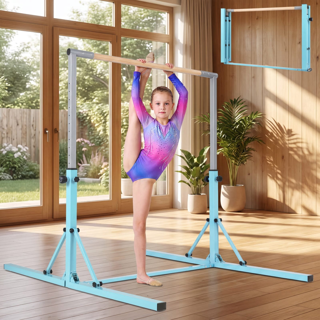 Airfind Foldable Gymnastics Bar for Kids with 3 Level Adjustable Height and Bamboo Grip Bar for Home Balance and Coordination Training, Green