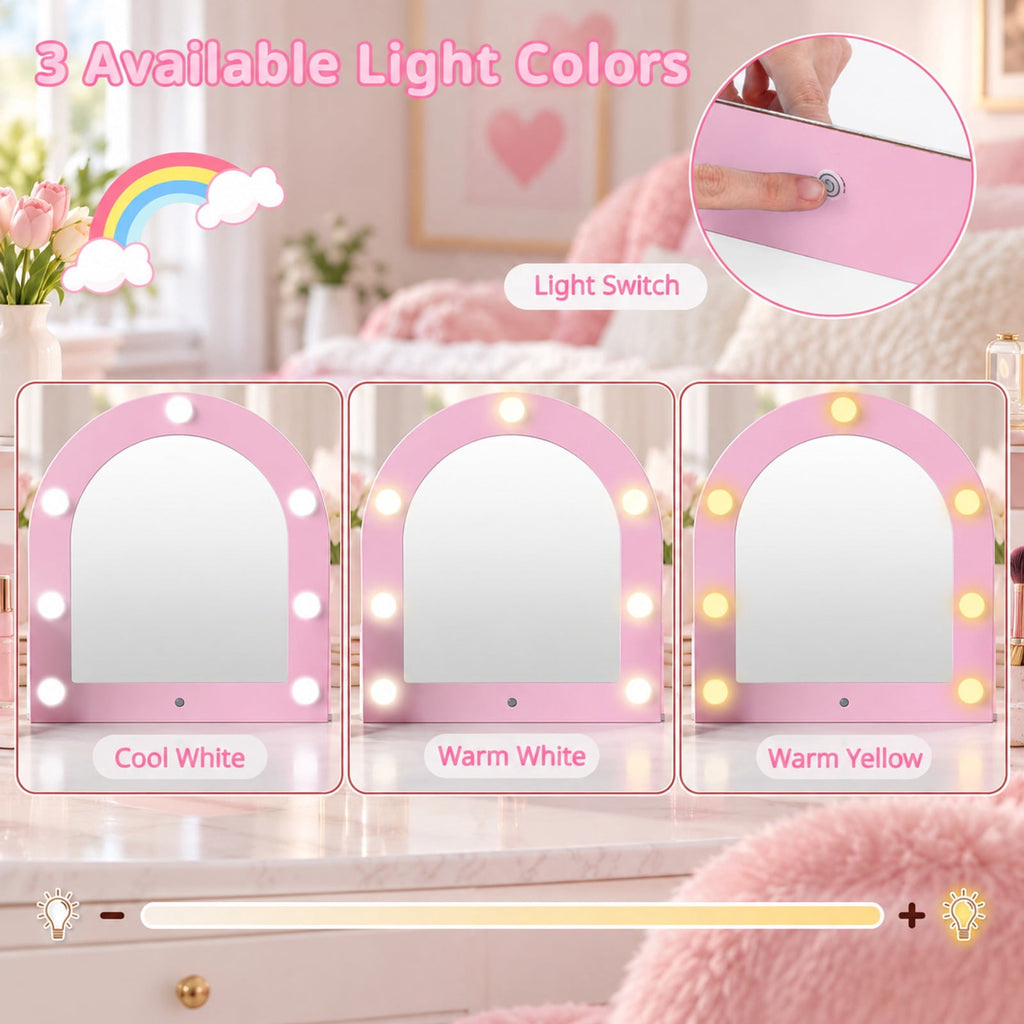 Airfind 2-In-1 Kids Vanity Set with Lights for Toddlers 3+ Years Old, 45 lbs Capacity, MDF Non-woven Fabric Frame, 37 x 24 x 39.5 Footprint, Pink