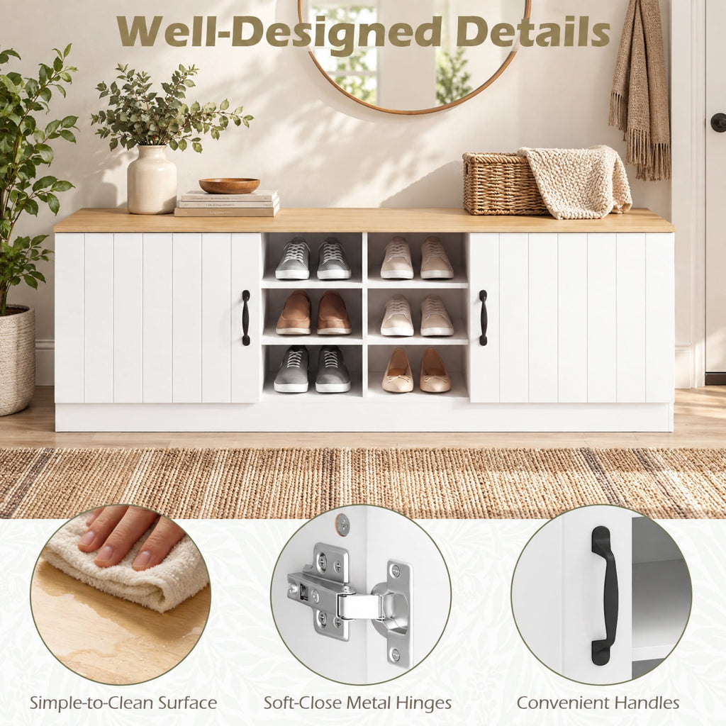 Airfind 2-Door Shoe Bench Storage Cabinet with Adjustable Shelves, 300 lbs Capacity, Engineered Wood MDF Frame, 59in x 16in x 19in Footprint, Natural