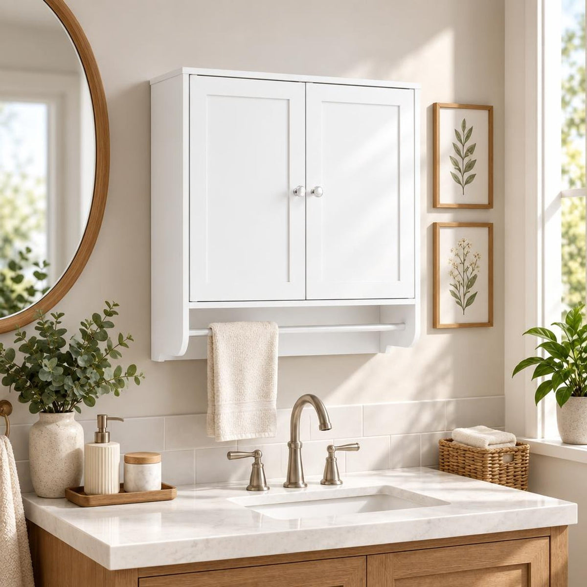 Airfind Wall Mounted Bathroom Storage Medicine Cabinet with Towel Bar, 100 lbs Capacity, Engineered Wood Frame, White
