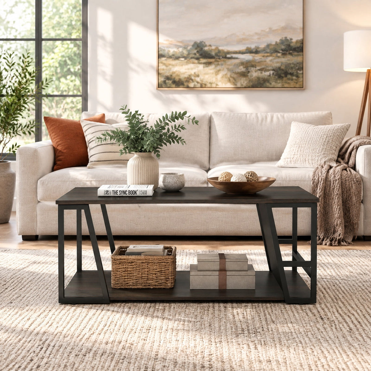 Airfind Rectangle Coffee Table 2-tier Industrial Accent Table with Storage Shelf and Compartment, 176 lbs Capacity, Engineered Wood Metal Frame