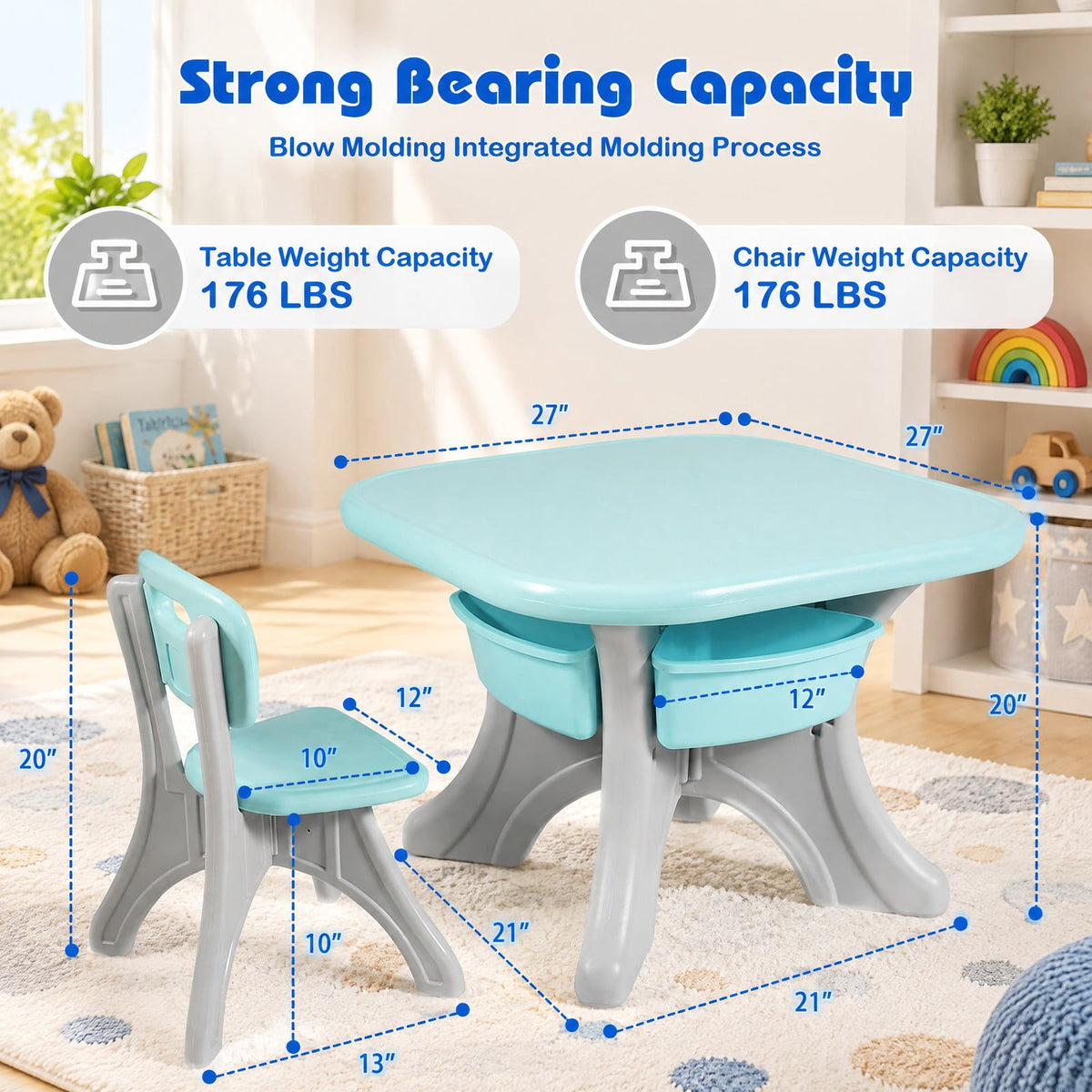 Airfind Youth Activity Table, Youth, and Chair Set Play Furniture W/Storage, 176 lbs Capacity, PP Frame, 27 Inch x 27 Inch x 20 Inch Footprint, Blue