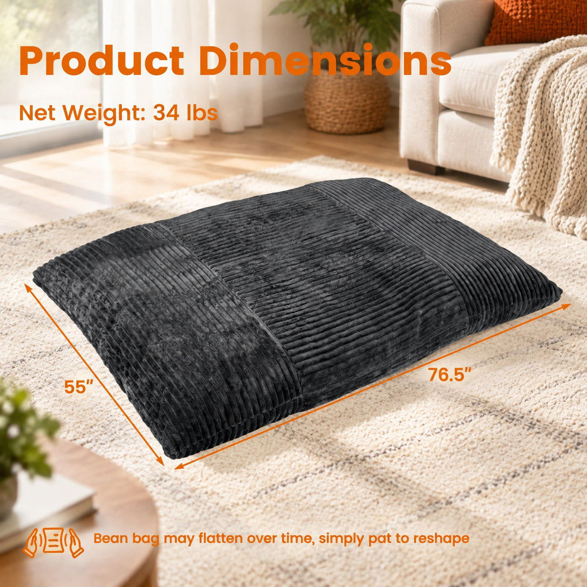Airfind Convertible Bean Bag Floor Sofa with Machine-washable Corduroy Cover, Corduroy Fabric Sponge Frame, 76.5 x 55 x 7.5 Footprint, Dark Gray