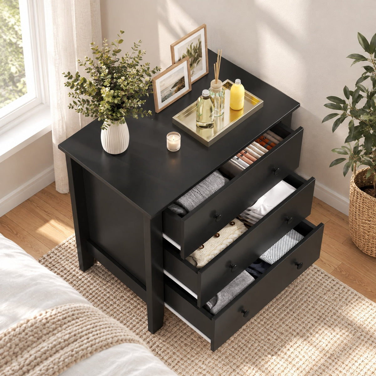 Airfind 3 Drawer Dresser Chest of Drawers Bedside Table-Black Wood Grain, MDF Frame, 28in x 18in x 26in Footprint, Dark Brown