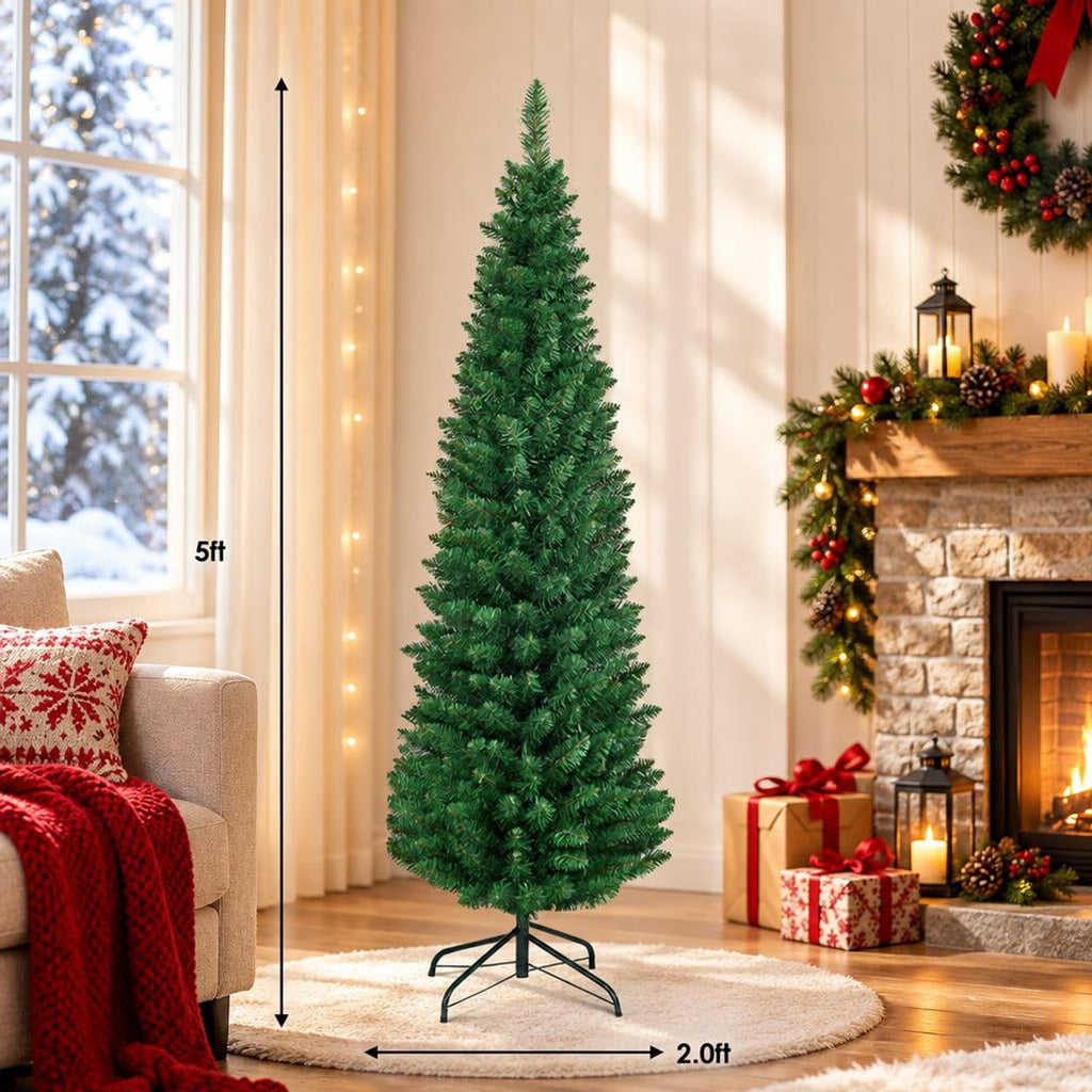 Airfind PVC Artificial Slim Pencil Christmas Tree-5 Feet, PVC iron 5 Ft: Frame, 2ft x 5ft Footprint, Green