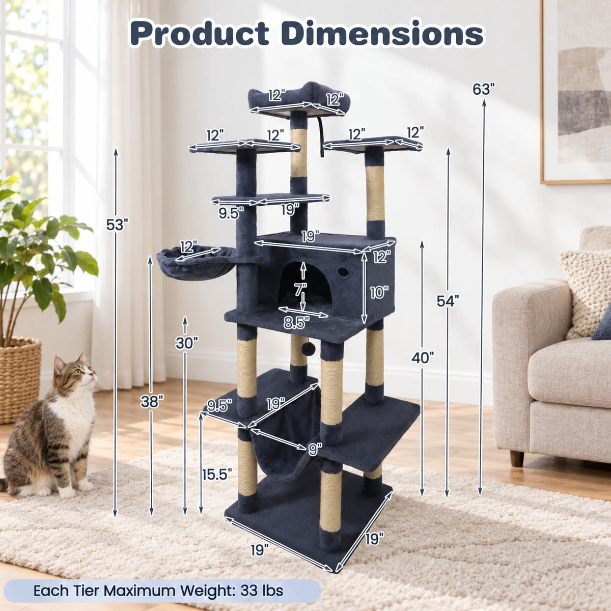 Airfind Large Cat Tree for Indoor Cats 63 Inch Tall Cat Tower, Plush Fabric Sisal Engineered Wood Base Frame, Dark Gray