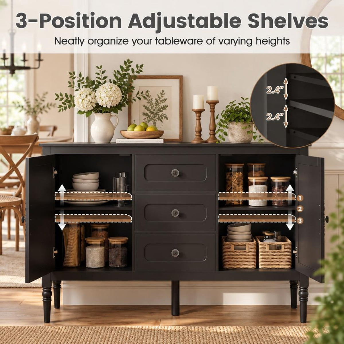 Airfind 47 Inch Vintage Buffet Cabinet with 3 Drawers 2 Cabinets and Adjustable Shelves for Dining Room, 110 lbs Capacity, 47 Inch x 15.5 Inch x 31.5 Inch Footprint