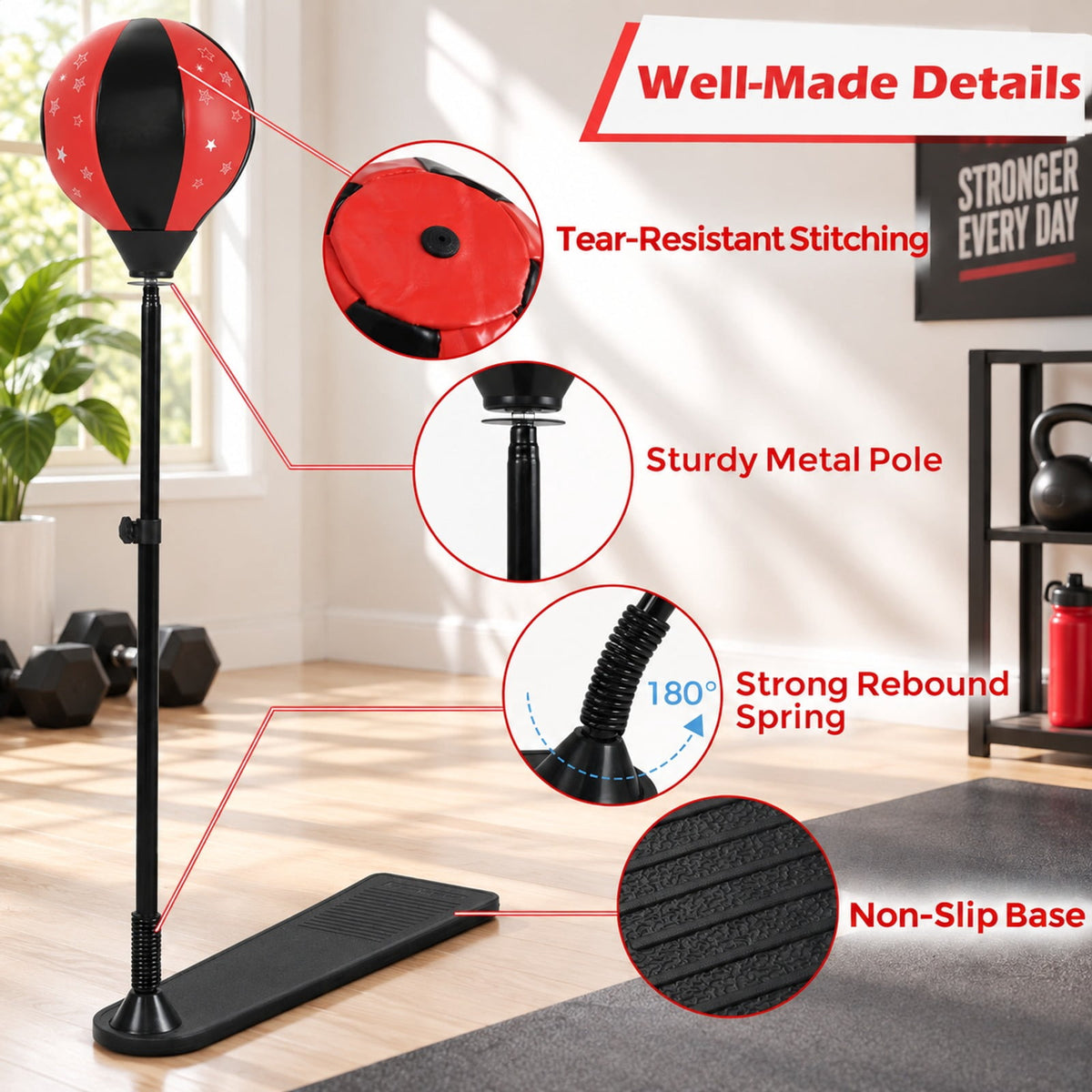 Airfind Kids Punching Bag with Adjustable Stand and Boxing Gloves, PE Frame, for 8+, Black red, Adjustable height 33.5- 61 Stand base