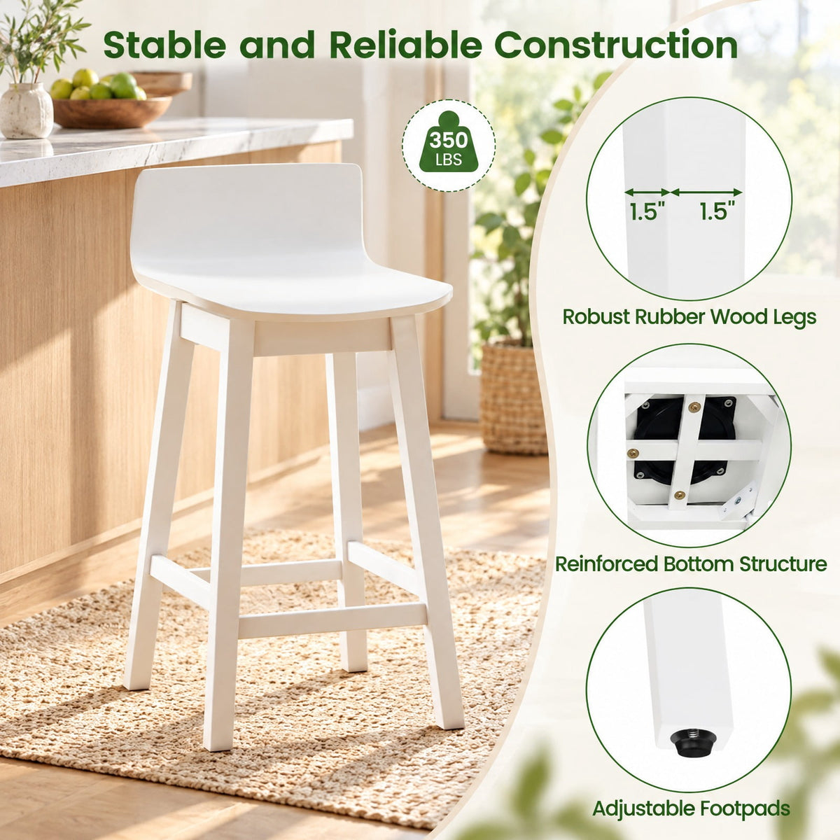 Airfind 24.5 Inch Swivel Wooden Bar Stools Set of 4 with Rubber Wood Legs and Low Back, 350 lbs Capacity, Rubber Wood Plywood Frame, White