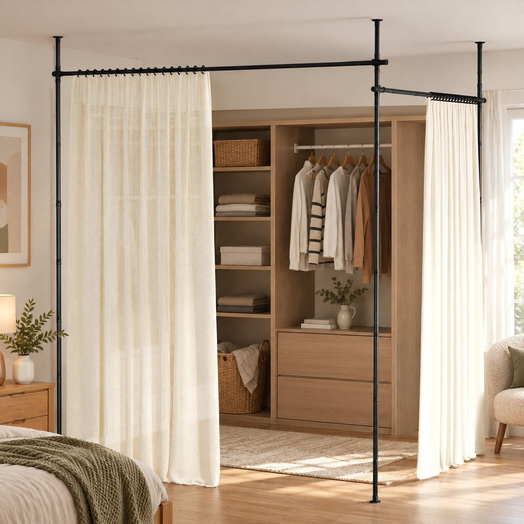 Airfind Room Divider Curtain Rod with Adjustable Floor to Ceiling Tension Rod (Curtains Not Included), 45 lbs Capacity, Metal Frame, Black