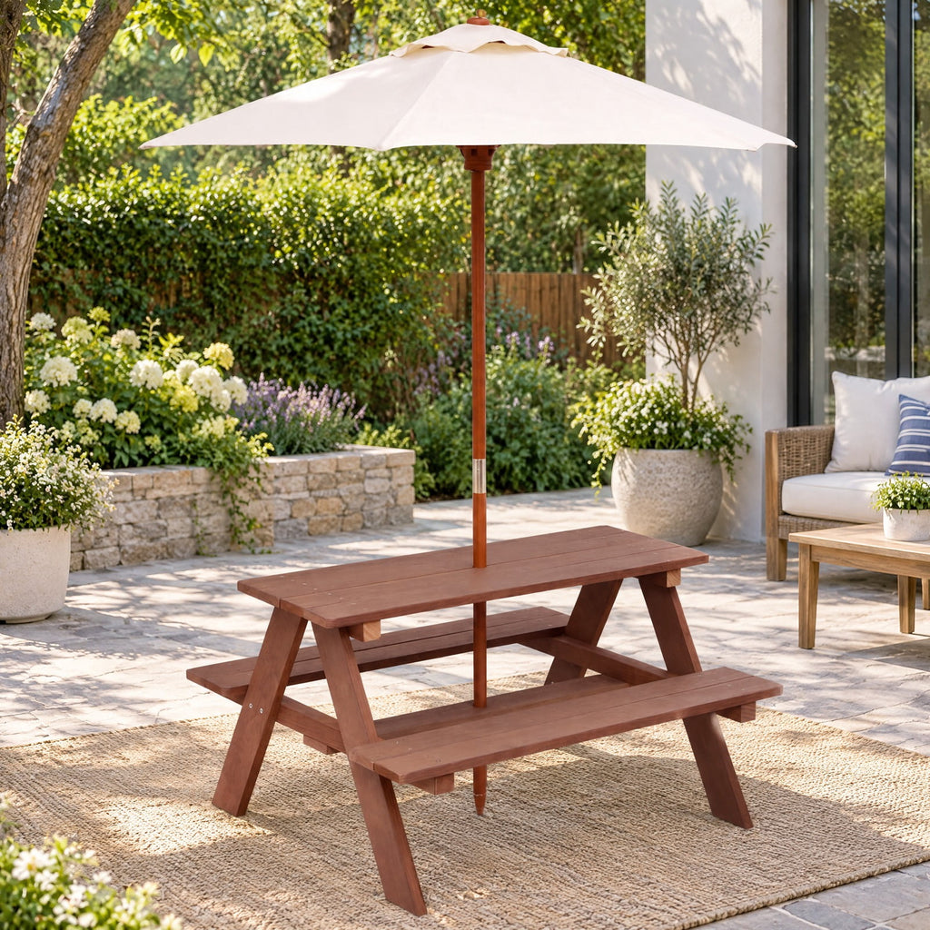 Airfind Outdoor 4-Seat Kids Picnic Table Bench with Umbrella, Fir wood polyester fabric Bench Frame, 28 x 8.5 x 13 /35 x 6.5 x 11 Footprint