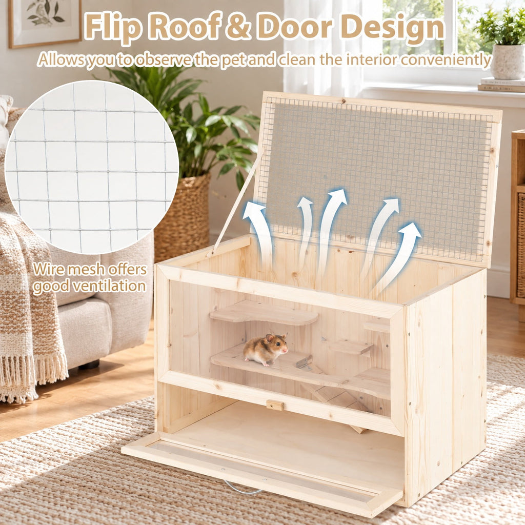 Airfind Wooden Hamster Cage with Mesh Flip Roof, Fir Wood Acrylic Frame, 23.5 x 14 x 16.5 Cage Inside Footprint, Natural