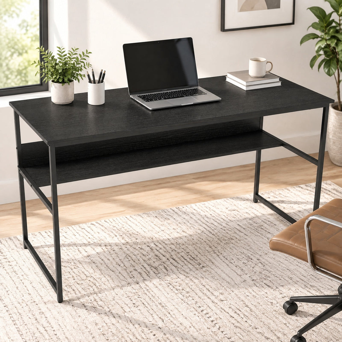 Airfind 55 x 24 inch Computer Desk with Power Outlets and USB Ports, 220 lbs Capacity, Engineered Wood Metal Frame, Black